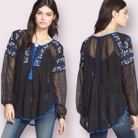 Free People Tops - Free People Star Dust Mesh Roses Are Red Embroidered Peasant Boho Top